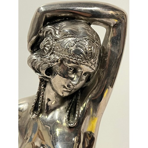 55 - Heavy Art Nouveau design Silvered metal nude lady sculpture on marble base.
34cm h