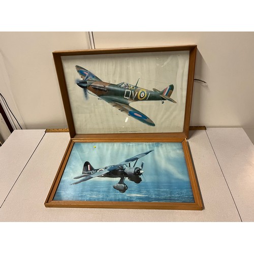 239 - 2 framed airplane pictures to include Spitfire & 1 other.
Largest 63cm x 45cm