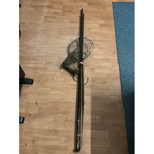 283 - Victorian 3 piece 15' salmon fly fishing rod along with hickory shafted landing net & Wading/shootin... 