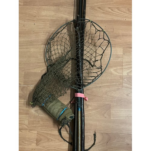 283 - Victorian 3 piece 15' salmon fly fishing rod along with hickory shafted landing net & Wading/shootin... 