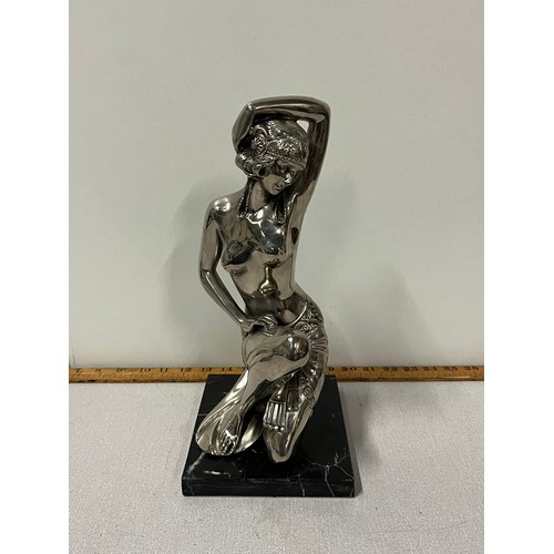 55 - Heavy Art Nouveau design Silvered metal nude lady sculpture on marble base.
34cm h