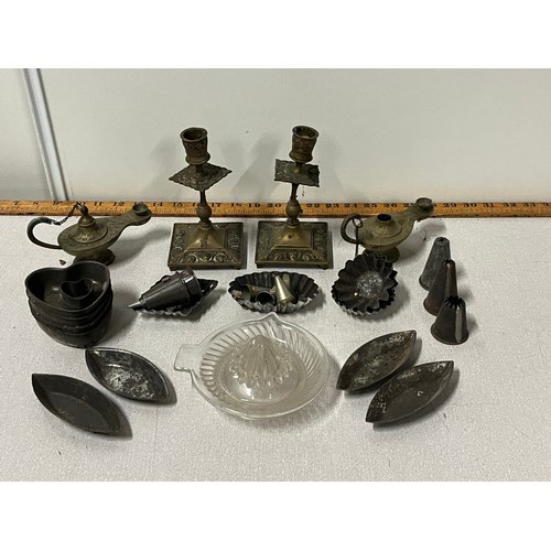 448 - Lot to include brass candlestick holders along with vintage baking items