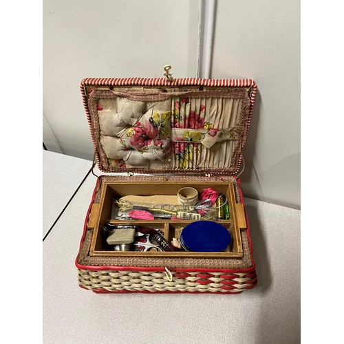 303 - Vintage sewing box & contents along with 2 wicker baskets.