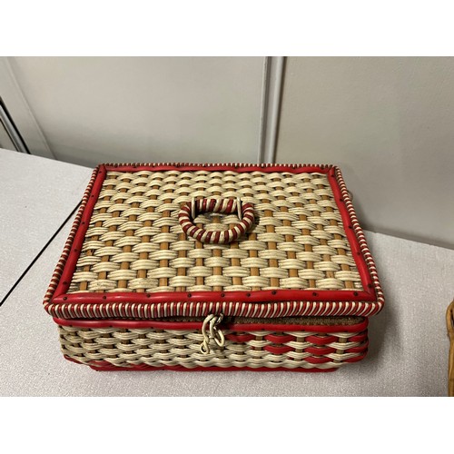 303 - Vintage sewing box & contents along with 2 wicker baskets.