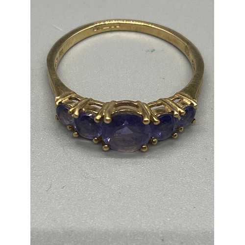 2 - 9ct yellow gold and amethyst 5 stone ring.