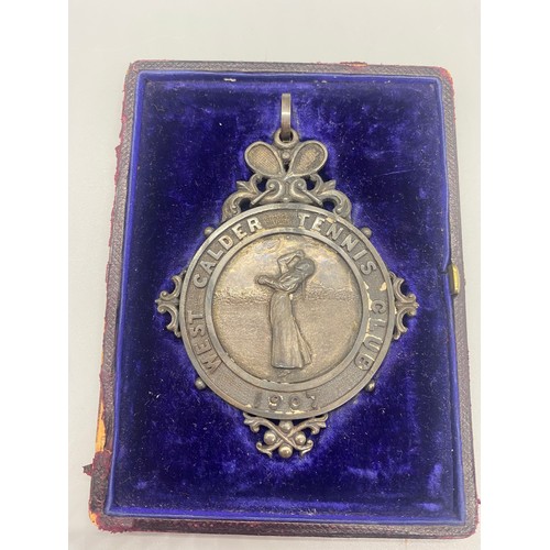 61 - Antique 1907 silver West Calder tennis club medal in original fitted case.