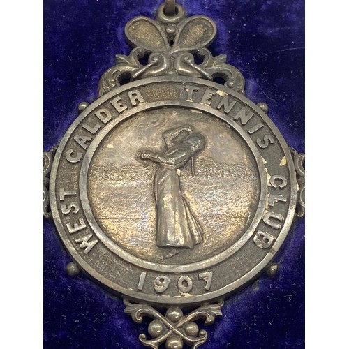 61 - Antique 1907 silver West Calder tennis club medal in original fitted case.