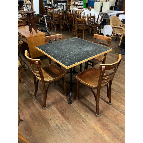 51 - Bistro/Cafe table with very heavy ornate cast iron base & 4 chairs made in Poland by FMG possibly Jo... 