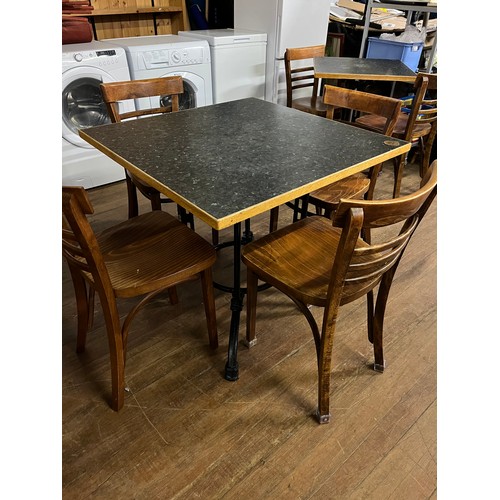 52 - Bistro/Cafe table with very heavy ornate cast iron base & 4 chairs made in Poland by FMG possibly Jo... 