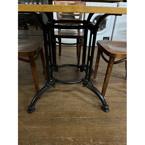 97 - Bistro/Cafe table with very heavy ornate cast iron base & 4 chairs made in Poland by FMG possibly Jo... 