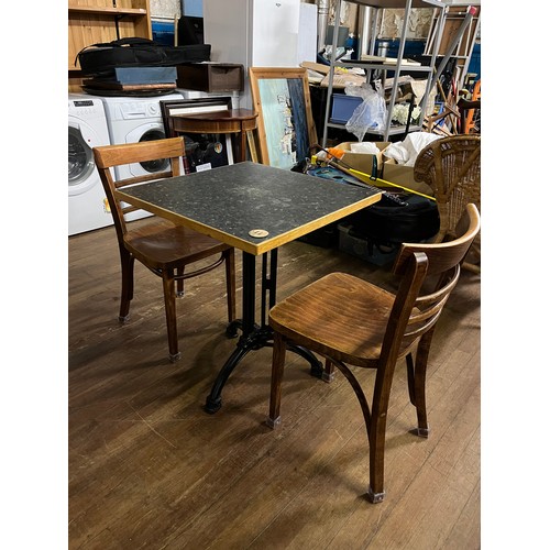 408 - Smaller Bistro/Cafe table with very heavy ornate cast iron base & 4 chairs made in Poland by FMG pos... 