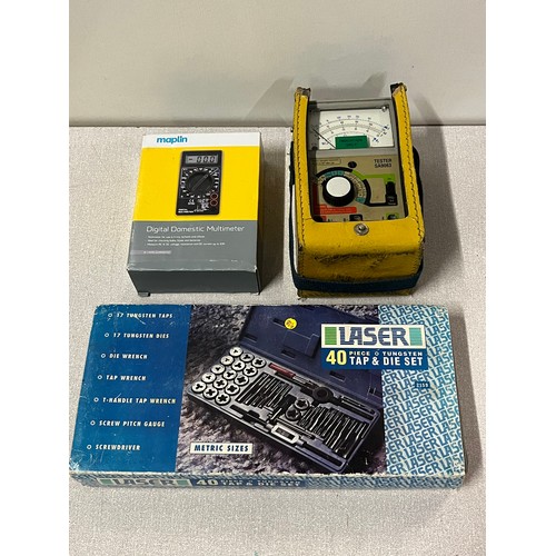 454 - Digital domestic multimeter, tester SA9083 & Laser 40 piece tungsten ,tap & die set.