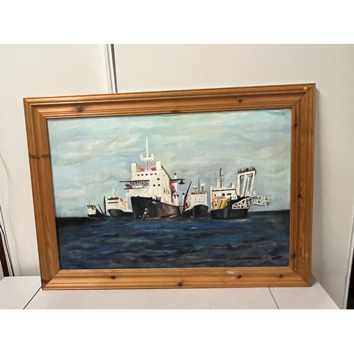 457 - Large oil painting of ships signed by Thomas Mcgregor.
105cm x 75cm