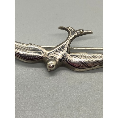 268 - Unusual etched art deco flying swallow bird. Possibly silver -unmarked.