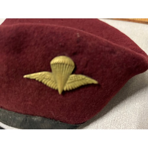 227 - Selection of military items to include Paratrooper beret , epaulettes, HMS Navy headbands bugle etc.