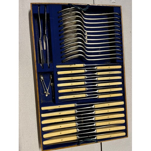 29 - Canteen of Dixons cutlery in 2 handled solid wood case with removable trays, shield on top stamped J... 