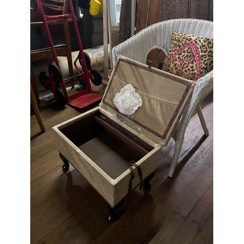 332 - Vintage wicker arm chair and sewing box/stool.