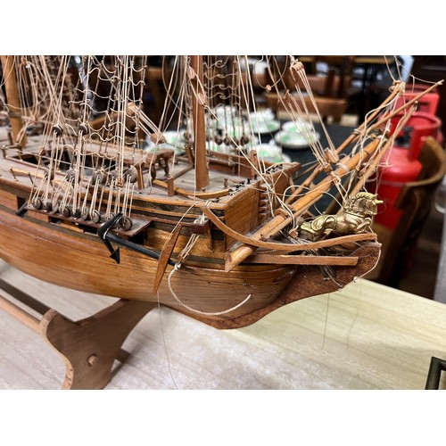 155 - A Large Wooden Hand Built Sailing Ship Man o War With Rigging And Cannons Etc 
(66cm x 76cm)