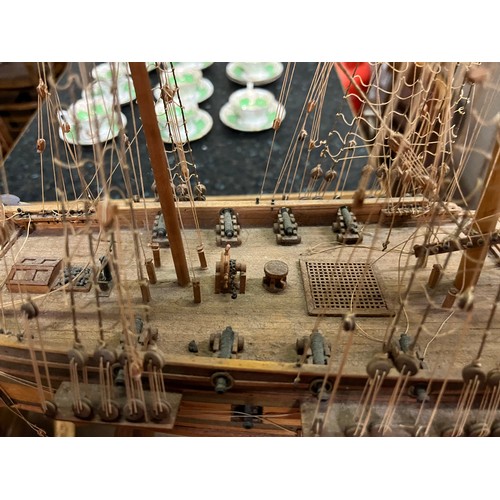 155 - A Large Wooden Hand Built Sailing Ship Man o War With Rigging And Cannons Etc 
(66cm x 76cm)