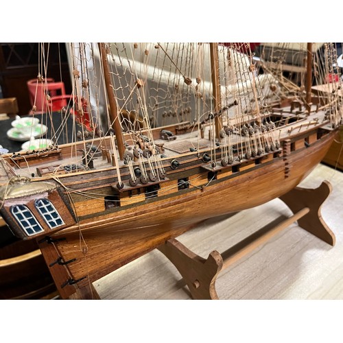 155 - A Large Wooden Hand Built Sailing Ship Man o War With Rigging And Cannons Etc 
(66cm x 76cm)