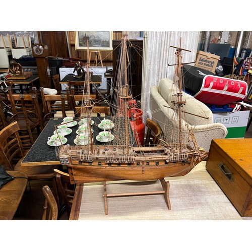 155 - A Large Wooden Hand Built Sailing Ship Man o War With Rigging And Cannons Etc 
(66cm x 76cm)