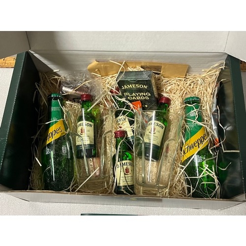 75 - Jamieson's whisky gift set to include 4 miniatures, 2 schwepps ginger ale, jigger, glasses & playing... 