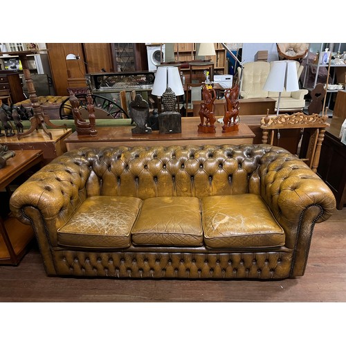 154 - Vintage brown leather Chesterfield sofa and matching club chair. Some ware to leather - see pics.