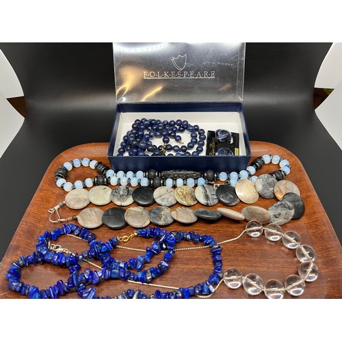 195 - Tray of mainly glass beaded necklaces & Lapis Lazuli strand necklace etc.