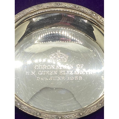 261 - Sheffield silver Coronation Jubilee marked dish in fitted box. 64.35g 2cm high x 9cm diameter.