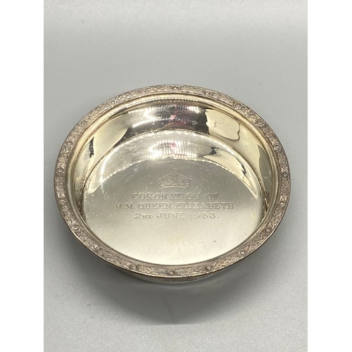 261 - Sheffield silver Coronation Jubilee marked dish in fitted box. 64.35g 2cm high x 9cm diameter.