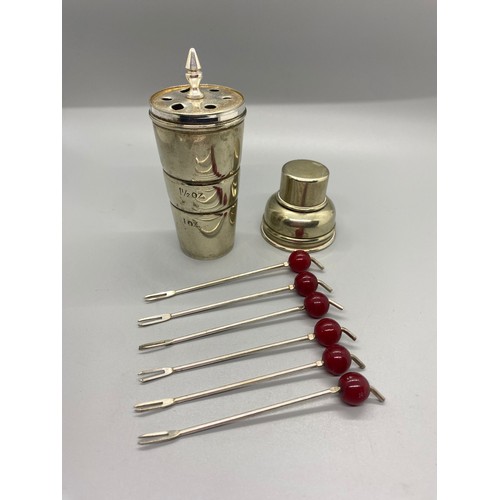 44 - Miniature 1930's/40's cocktail shaker/measure and 6 x cherry pick/fork set.