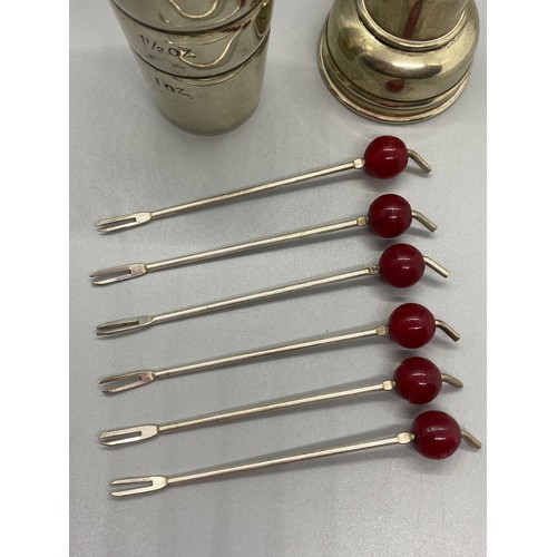 44 - Miniature 1930's/40's cocktail shaker/measure and 6 x cherry pick/fork set.