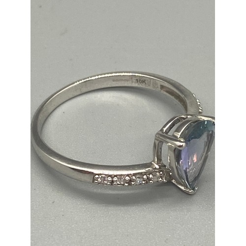 1 - 10k white gold, tanzanite and diamond ring.