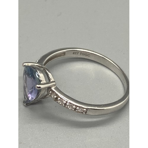 1 - 10k white gold, tanzanite and diamond ring.