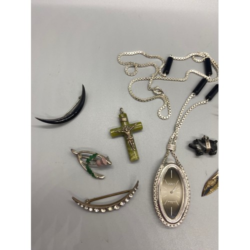 15 - Selection of silver items to include silver and mother of pearl fruit knife, necklace and brooches e... 