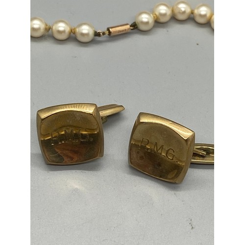 158 - Pair of 9ct yellow gold cufflinks along with Ciro pearl necklace fitted with a 9ct gold clasp. Cuffl... 