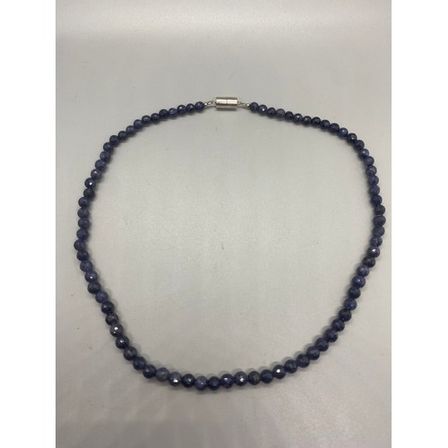 171 - Kanchaburi blue sapphire beaded necklace on rhodium plated sterling silver chain.