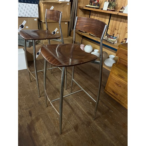 243 - Pair of Italian Altek baba wood bar stools 
(chrome needs polished)