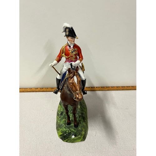 321 - large ceramic figure of the duke of wellington on horseback 
(flag pole damaged) 
36cm h
stamped mad... 