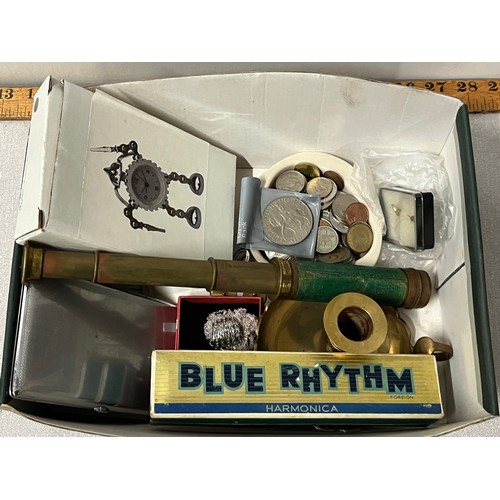 418 - box of misc to include telescope , harmonica & coins etc