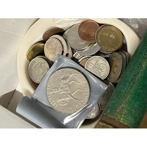 418 - box of misc to include telescope , harmonica & coins etc