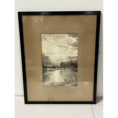 200A - TOM SCOTT R.S.A., R.S.W (SCOTTISH 1854-1927)  Framed & mounted black & white watercolour of fly fish... 