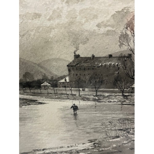 200A - TOM SCOTT R.S.A., R.S.W (SCOTTISH 1854-1927)  Framed & mounted black & white watercolour of fly fish... 