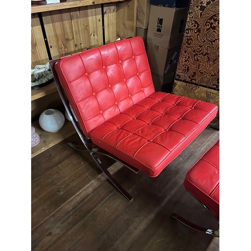 225A - Red leather Barcelona style chair & footstool