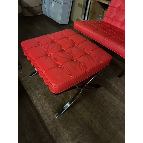 225A - Red leather Barcelona style chair & footstool