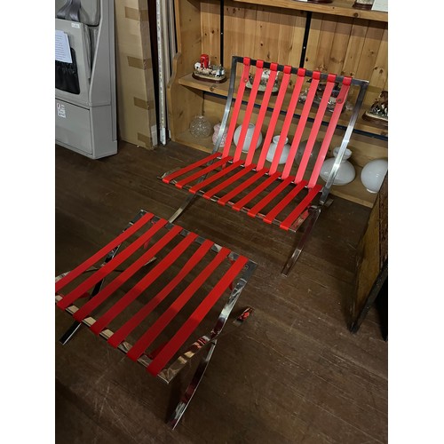 225A - Red leather Barcelona style chair & footstool