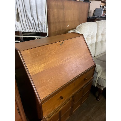 482 - Large teak writing bureau with key possibly Nathan?