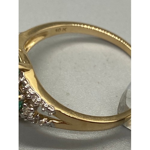 8 - 10k yellow gold, emerald and diamond ring.