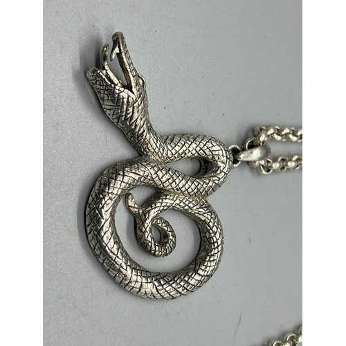 9 - heavy silver belcher chain with large unmarked snake pendant (possibly silver)