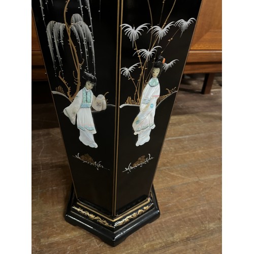 88 - Oriental black lacquered  umbrella/stick stand with mother of pearl detailing & brass handles.
56cm ... 